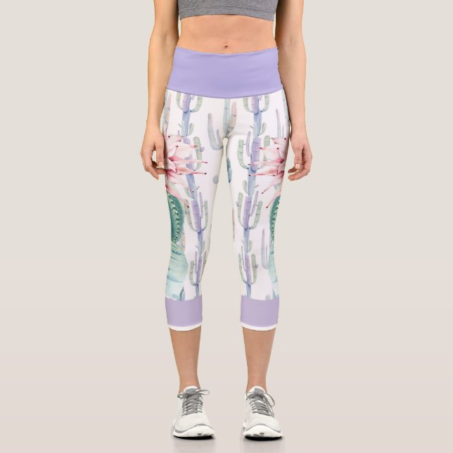 Leggings Capri Leyendas Capris en un diseño de cactus en blanco (Anverso)