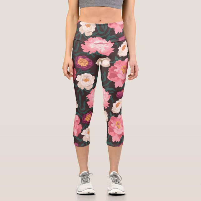 Leggings Capri Leyendas con flores rosadas y rojas (Anverso)