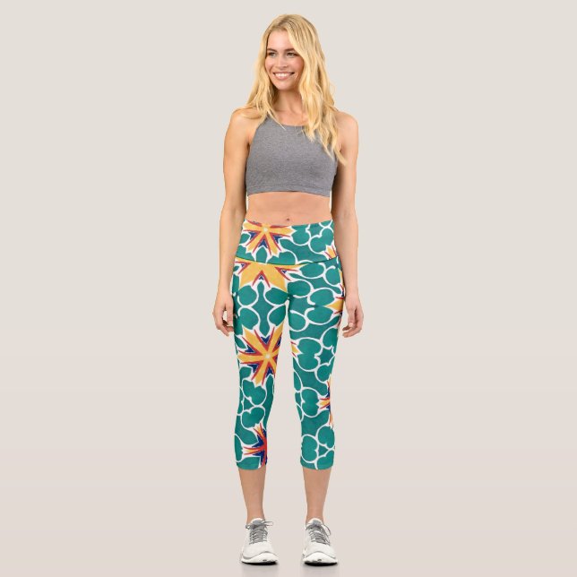 Leggings Capri Leyendas florales geométricas de estallido estelar (Anverso)