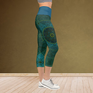 Leggings Capri Leyendas Verde azuladas de flores Mosaic Kaleidosc
