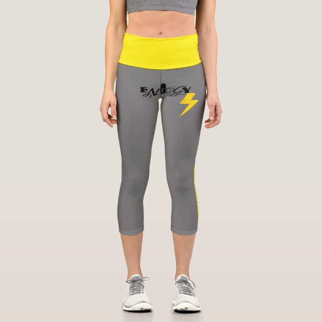 Leggings Capri Línea Amarilla de Energía de Rótulo de trueno de e (Anverso)