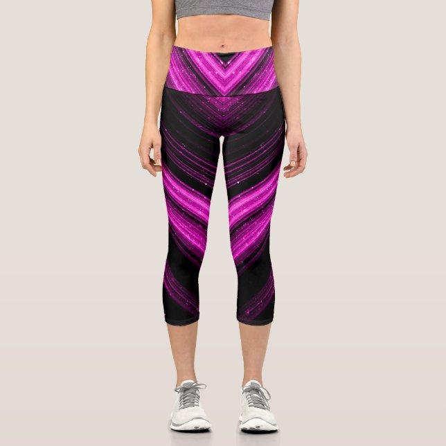 Leggings Capri Líneas de chevron de galaxia magenta rosa espárric (Anverso)