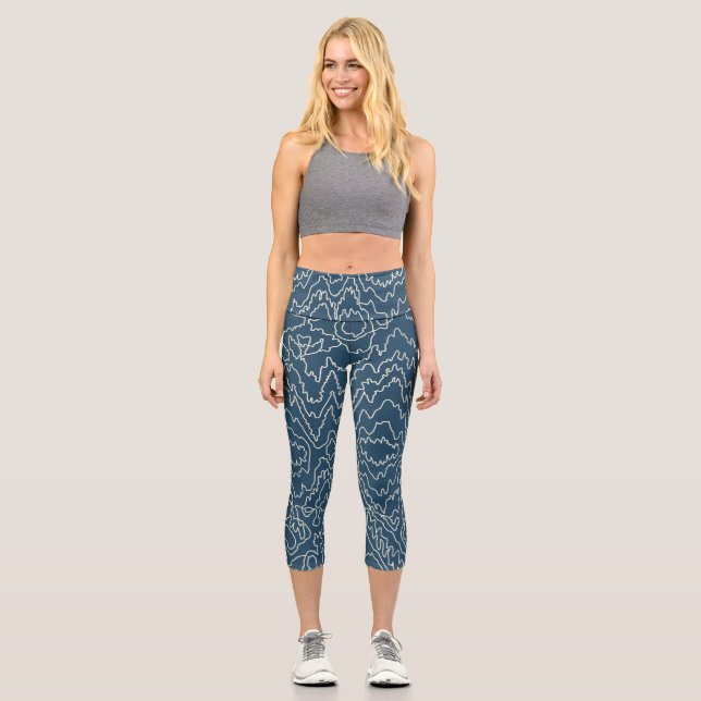 Leggings Capri Líneas geométricas de curvas blancas en azul (Anverso)