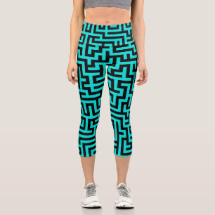 Leggings Capri Líneas turquesa de laberinto negro