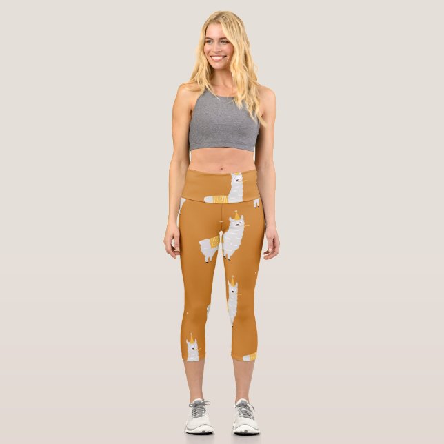 Leggings Capri Llama, fondo naranja: patrón de cumpleaños. (Anverso)
