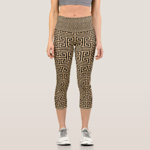 Leggings Capri Llave de Meandro Griego Cuadrado Patrón H Marrón