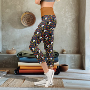 Leggings Capri Lobos Blancos Negros Claro de Luna Hojas de Otoño