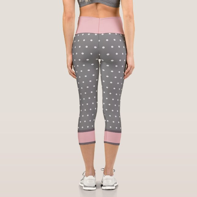 Leggings Capri Los puntos de polka rosados de la luz blanca gris (Reverso )