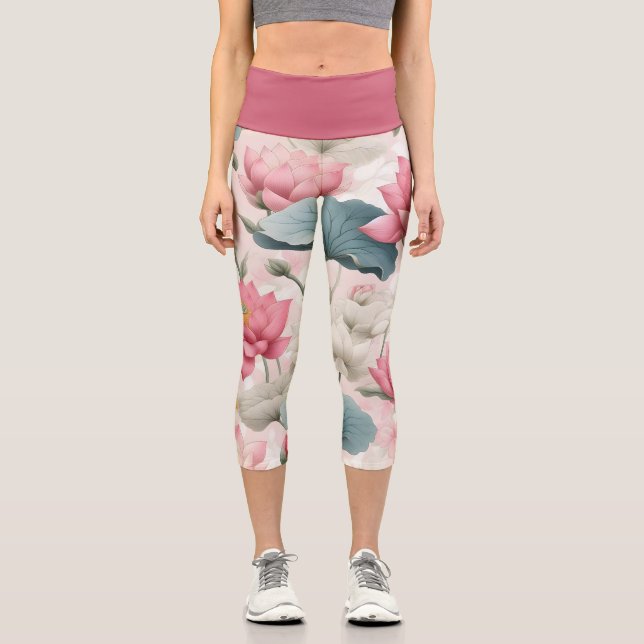 Leggings Capri Loto romántico en rosa, crema y verde suave (Anverso)