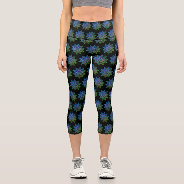 Leggings Capri Lotus Mandala verde azulada y negra (Anverso)