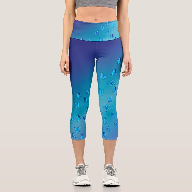 Leggings Capri Luna azul abstracta y mariposas (Anverso)