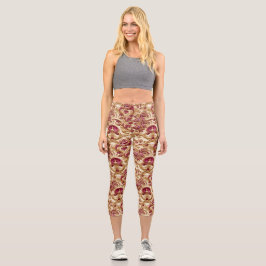Leggings Capri Luxury Baroque Floral Gold and Burgundy