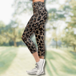 Leggings Capri Luxury Glitter Brown Black Gold Leopard Pattern