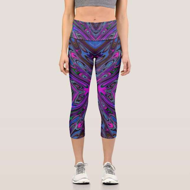 Leggings Capri Magenta trippy, mariposa abstracta azul y verde (Anverso)