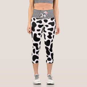 Leggings Capri manchas blancas negras de vaca, piernas de capri