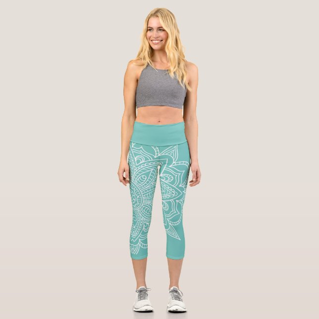 Leggings Capri Mandala azul turquesa y blanca (Anverso)