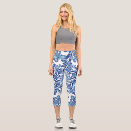 Leggings Capri Mandala de flores y hojas en azul