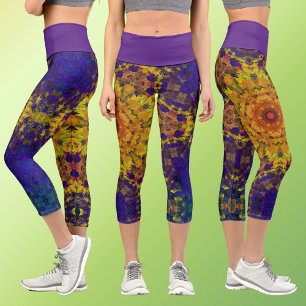 Leggings Capri Mandala digital amarillo azul y púrpura