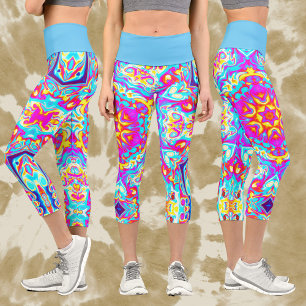 Leggings Capri Mandala psicodélica flor rosa azul y amarillo