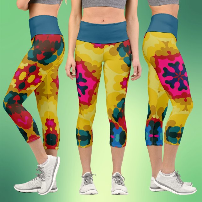 Leggings Capri Mandala retro azul amarillo y rosa (Subido por el creador)