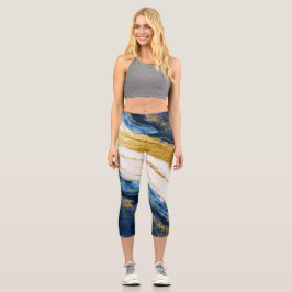 Leggings Capri Marble de hojas de oro y azul de la marina de lujo