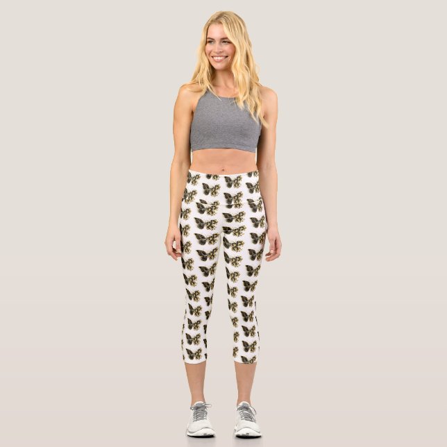 Leggings Capri Mariposa de flores de oro con orquídea negra (Anverso)