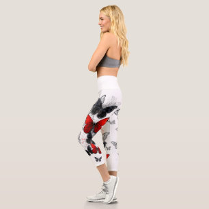 Leggings Capri Mariposas Morpho voladoras negras y rojas