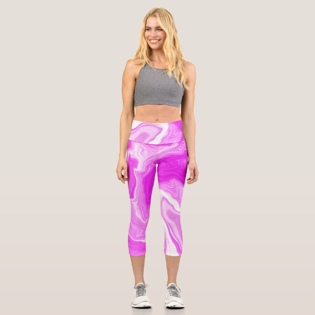 Leggings Capri Mármol rosa y blanco reluce el arte fluido (Anverso)
