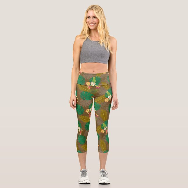 Leggings Capri Marrón de follaje tropical (Anverso)
