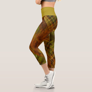Leggings Capri Marrón Tartan Brown Green Check Mustard Waistband