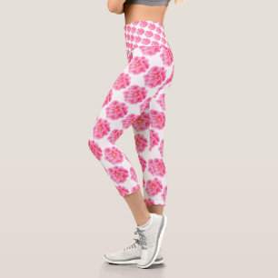 Leggings Capri Máscara floral acuática de color rosa de camelia
