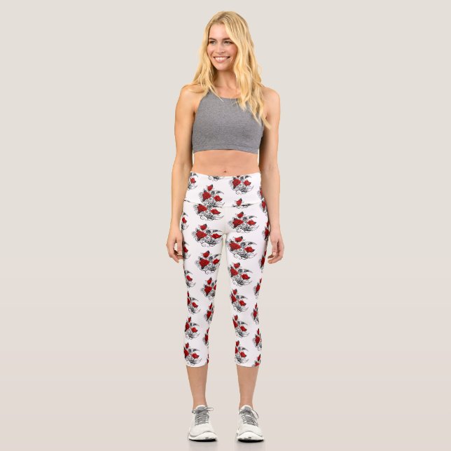 Leggings Capri Media luna mecánica con rosas rojas (Anverso)