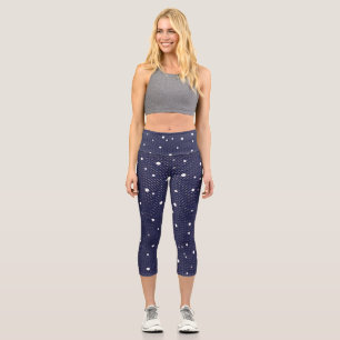 Leggings Capri Medias divertidas de lunares: Blanco sobre Azul 