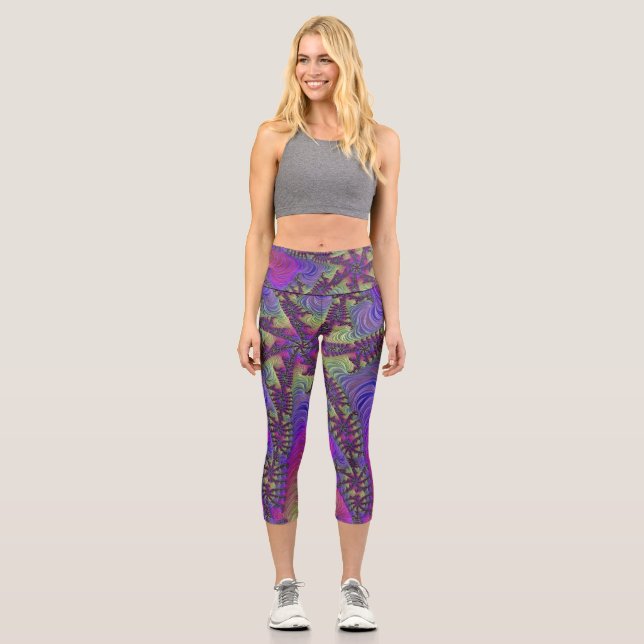 Leggings Capri Medias fractales de neón (Anverso)