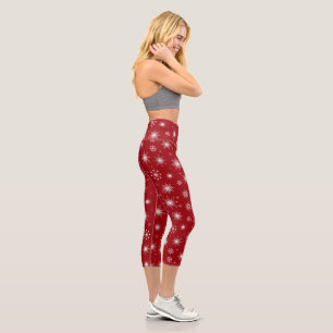 Leggings Capri Medias Rojas de Navidad con Copos de Nieve