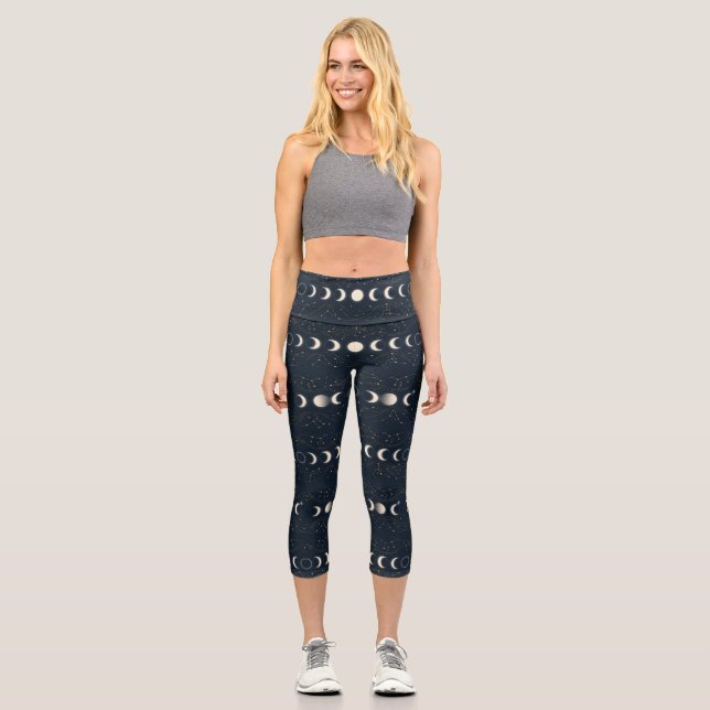 Leggings Capri Minimalist Lunar Phases Pattern with Stars and Nig (Anverso)