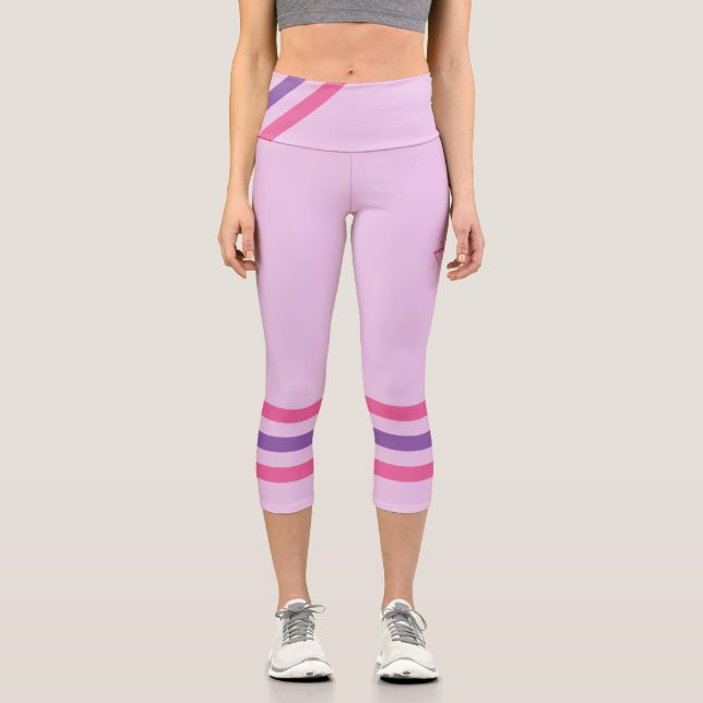 Leggings Capri Minimalist, Pink Purple Retro Stripes on Pink (Anverso)