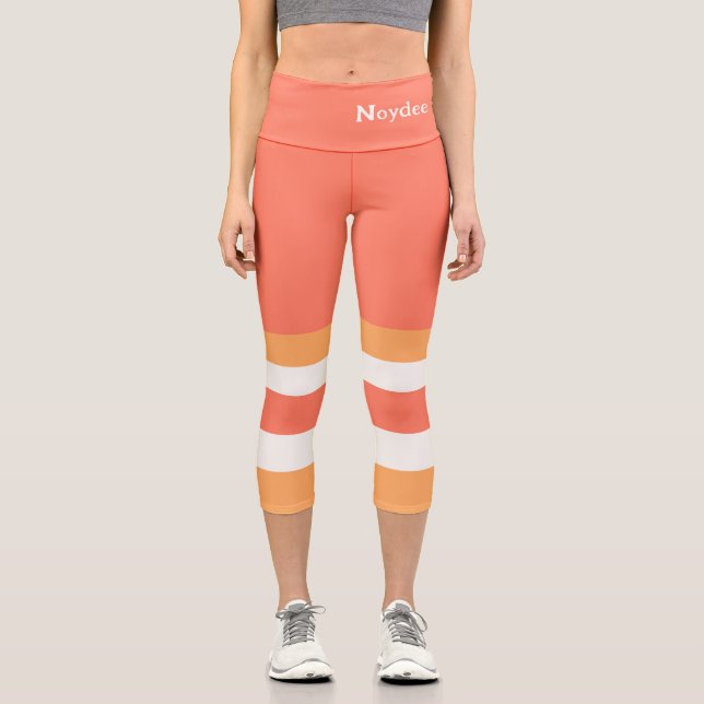 Leggings Capri Mitad y Rayas Líneas Horizontales Rojo Naranja Bla (Anverso)