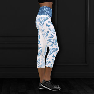 Leggings Capri Moda de mariposa   Azul y blanco clásicos