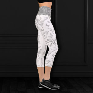 Leggings Capri Moda de mariposa   Patrón gris fino metálico plate