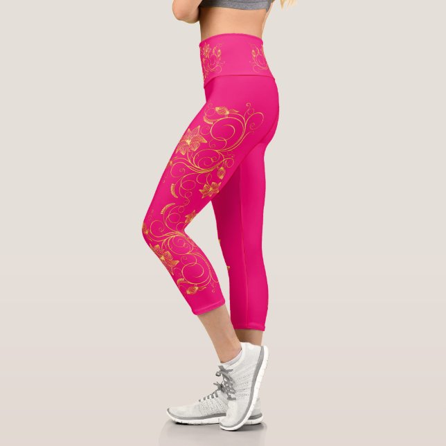 Leggings Capri Moda deportiva de vino floral filigrí dorado Activ (Izquierda)