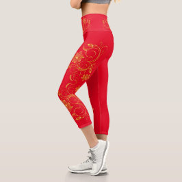 Leggings Capri Moda deportiva de vino floral filigrí dorado Activ