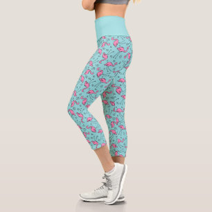 Leggings Capri Moda Flamingo rosa tropical en el patrón azul Aqua