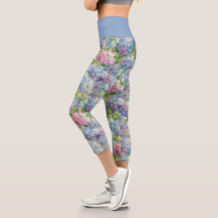 Leggings Capri Moda Floral Blue Lavender Hydrangea Patrón