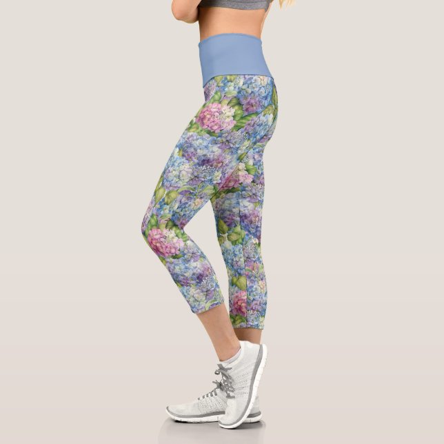 Leggings Capri Moda Floral Blue Lavender Hydrangea Patrón (Izquierda)
