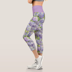 Leggings Capri Moda Floral Purple Lavender Hydrangea Patrón