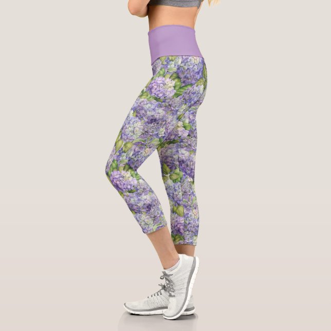 Leggings Capri Moda Floral Purple Lavender Hydrangea Patrón (Izquierda)