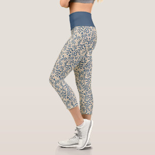 Leggings Capri Moda Patrón botánico azul y crema