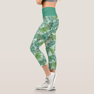 Leggings Capri Moda Retro Modelo de hojas de palmeras verdes trop