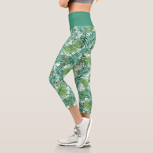 Leggings Capri Moda Retro Modelo de hojas de palmeras verdes trop (Izquierda)